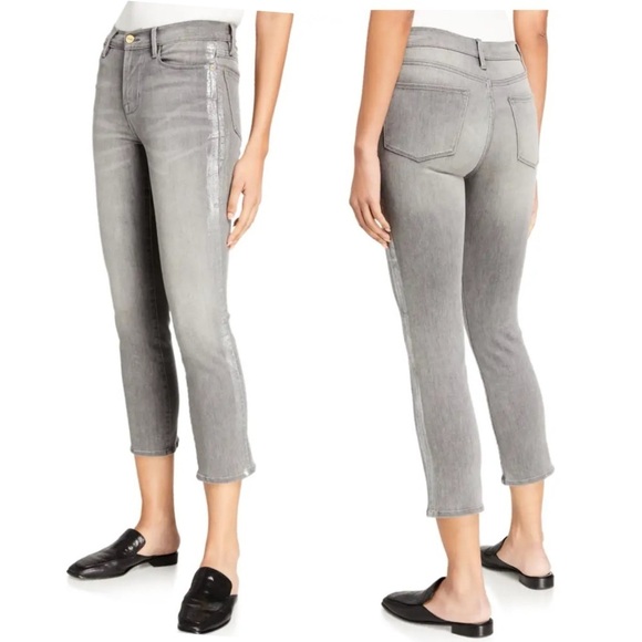 Frame Denim Le High Straight Metallic Silver Foil Tux Jeans Grey Size 25 NEW - Picture 5 of 13